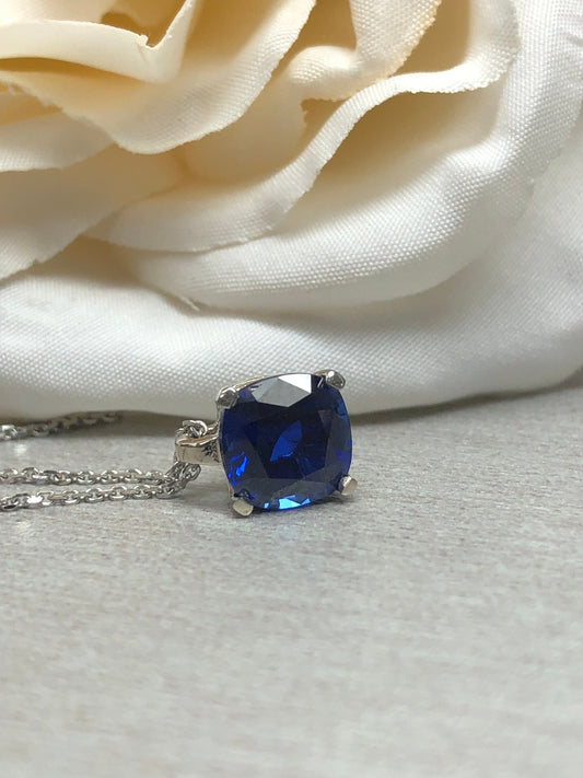 Cushion Cut Blue Sapphire Pendant Necklace For Women  14k Solid White Gold, Simple Sapphire Cushion Cut Pendant Necklace With Chain   #5692