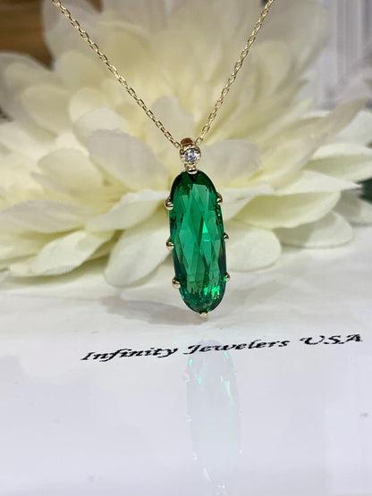 Elongated oval rose cut green emerald with round diamond ladies necklace, 18" link chain, 6.00ctw, 14k yellow gold #6089