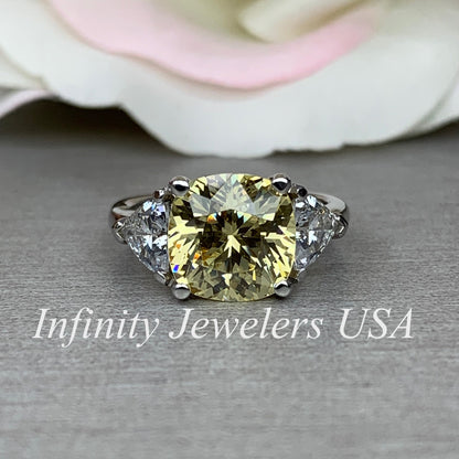 Yellow Cushion Cut Engagement Ring For Her, Ladies Yellow Simulated Diamond Cushion Cut Wedding Ring, 14k White Gold Three Stone Ring  #5630