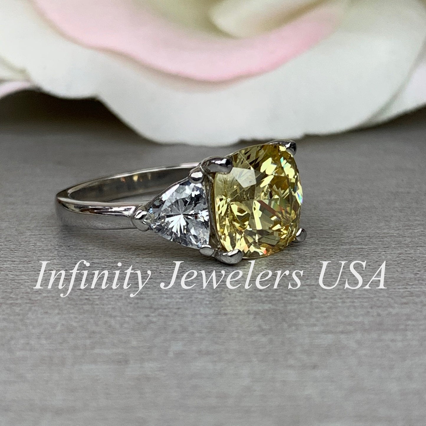 Yellow Cushion Cut Engagement Ring For Her, Ladies Yellow Simulated Diamond Cushion Cut Wedding Ring, 14k White Gold Three Stone Ring  #5630