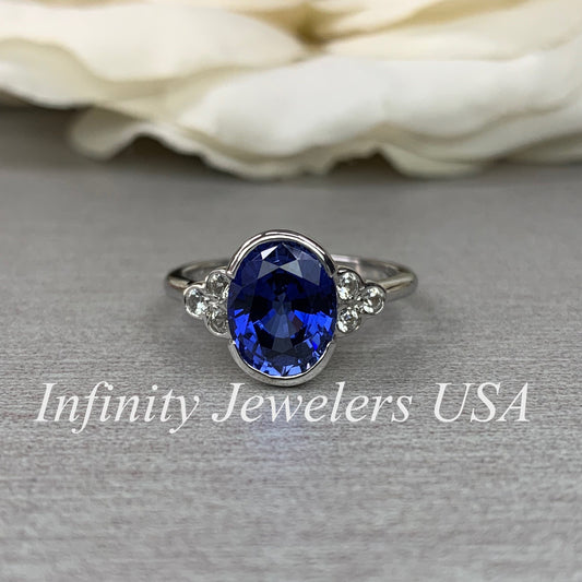 Bezel set blue sapphire engagement ring 14k solid gold Unique oval blue sapphire wedding promise anniversary ring September birthstone