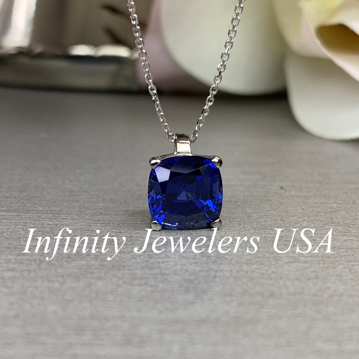 Cushion cut blue sapphire necklace 14k white gold, Dainty sapphire pendant necklace layering something blue necklace handmade jewelery #5726