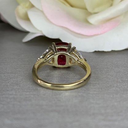 Ruby Cushion Cut And Moissanite Engagement Ring, Three Stone Ruby And Moissanite Ring, 14k Gold Elongated Cushion Cut Ruby Ring   #6853