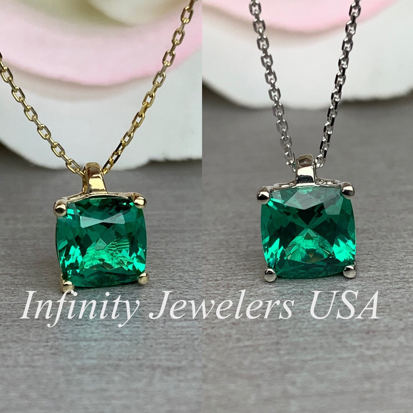 Cushion Cut Emerald Pendant Necklace, 14k Gold Dainty Emerald Green Layering Necklace, Cushion Cut May Birthstone Pendant For Ladies.  #5690