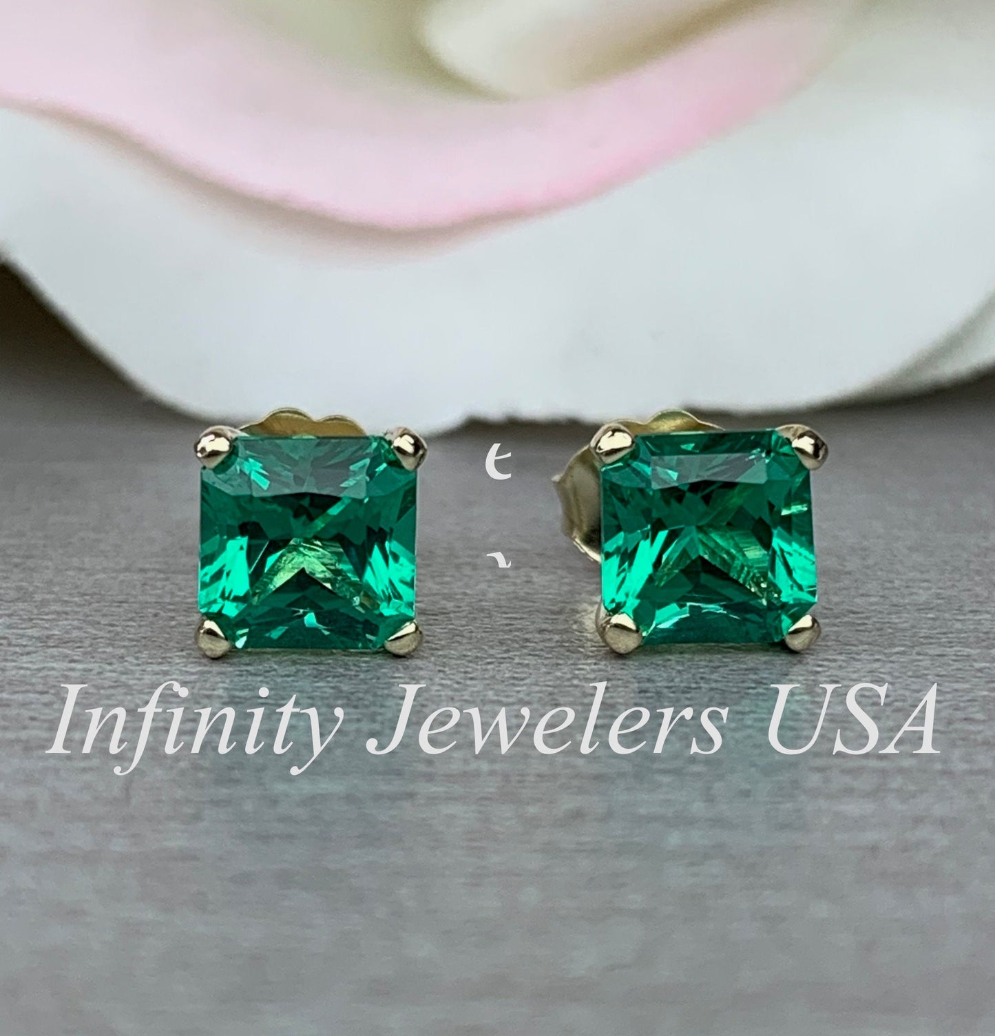 Radiant Cut Studs, Green Emerald Ladies Earring, Engagement Wedding Anniversary Gift, Dainty Jewelry, 14k Yellow Gold Ladies Studs, #6183