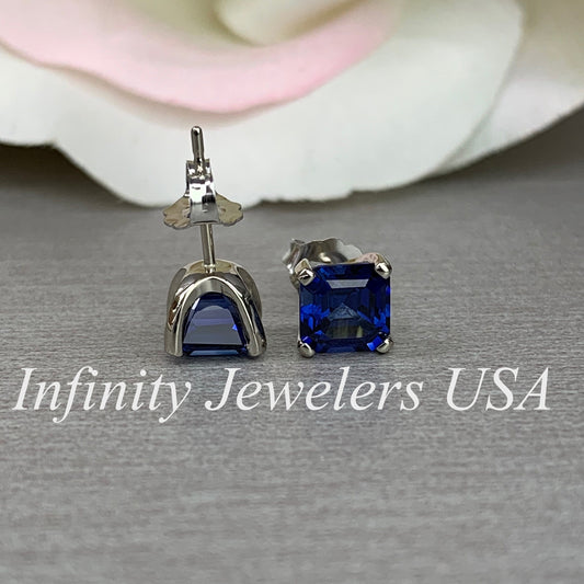 Blue Sapphire Stud Earrings 14K White Gold, Unisex Sapphire Earrings Asscher Cut, Dainty Minimal Square Studs Blue Sapphire Earrings