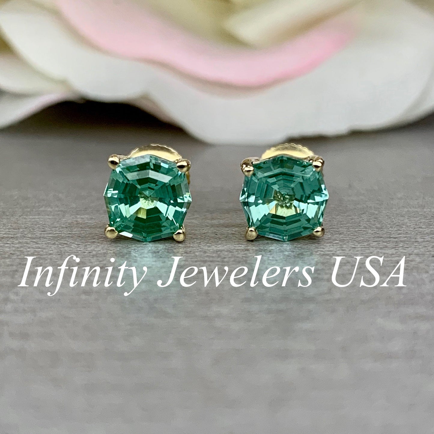 Green Paraiba Stud Earring, web cut Octagon Earring 14k Yellow Gold, Paraiba tourmaline minimalist earrings, everyday small earrings,  #6278