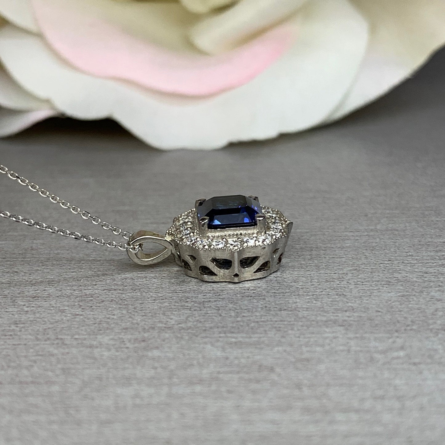 Blue Sapphire Pendant Necklace 14K Solid Gold, Asscher Cut Blue Sapphire and Moissanite Halo Necklace, September Birthstone Necklace