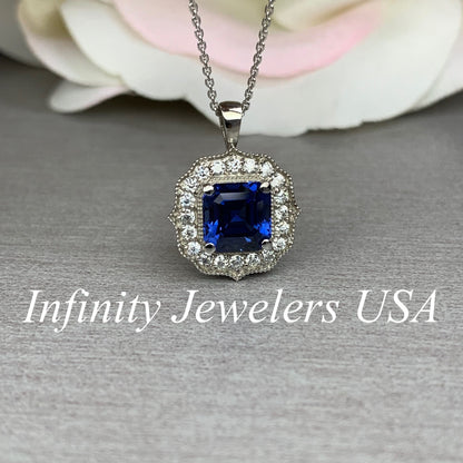 Blue Sapphire Pendant Necklace 14K Solid Gold, Asscher Cut Blue Sapphire and Moissanite Halo Necklace, September Birthstone Necklace