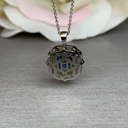 Blue Sapphire Pendant Necklace 14K Solid Gold, Asscher Cut Blue Sapphire and Moissanite Halo Necklace, September Birthstone Necklace