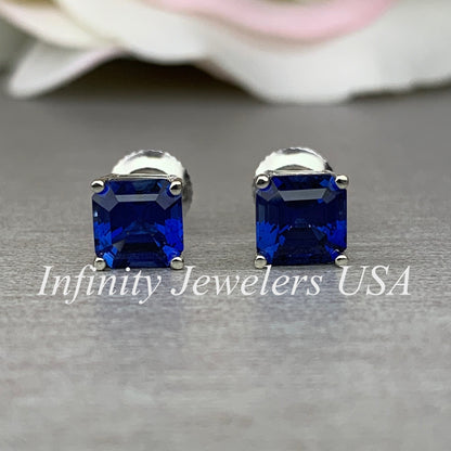 Asscher cut blue sapphire earrings, 2.00ctw screw back earrings  14k white gold