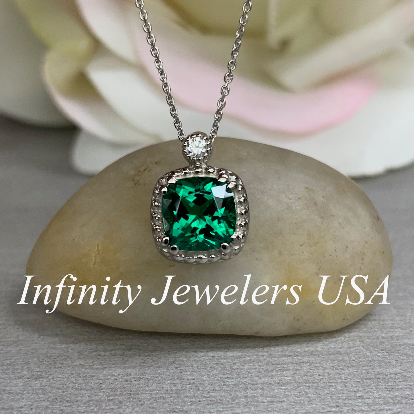 Cushion Cut Necklace / Green Emerald Necklace / Emerald And Diamond Necklace / 18"Cable Chain / 14k White gold / #6299