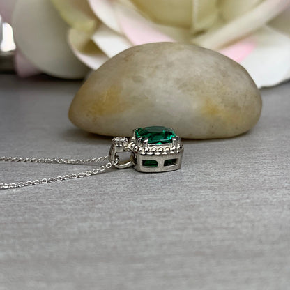 Cushion Cut Necklace / Green Emerald Necklace / Emerald And Diamond Necklace / 18"Cable Chain / 14k White gold / #6299