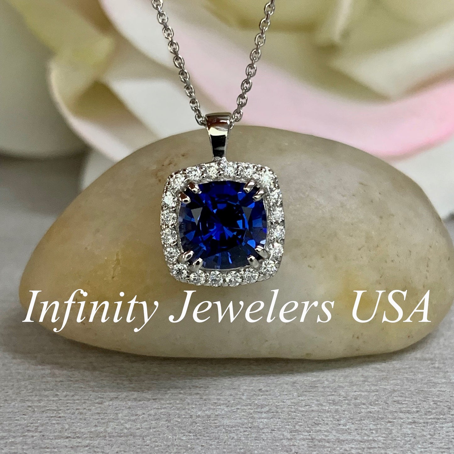 Cushion Cut Necklace / Blue Sapphire Necklace / Diamond Halo Necklace / Moissanite Necklace / 18"Cable Chain / 14k White gold / #6302