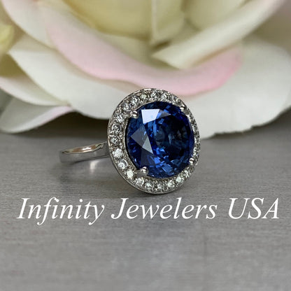 Round Blue Sapphire With Diamond Halo Engagement Ring,14k White Gold Blue Sapphire And Moissanite Halo Wedding Ring, Unique Ladies Ring 5945