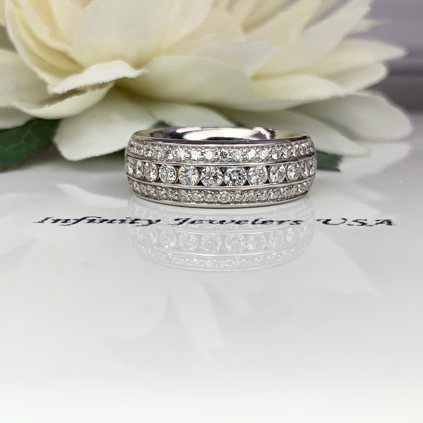 3 row ladies diamond wedding band 14k white gold, stacking diamond ring, half eternity diamond anniversary band, diamond wedding band