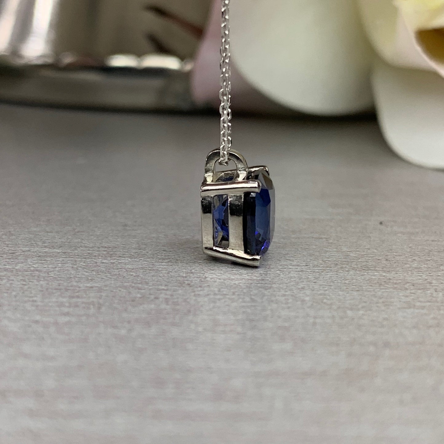 Cushion cut blue sapphire necklace 14k white gold, Dainty sapphire pendant necklace layering something blue necklace handmade jewelery #5726