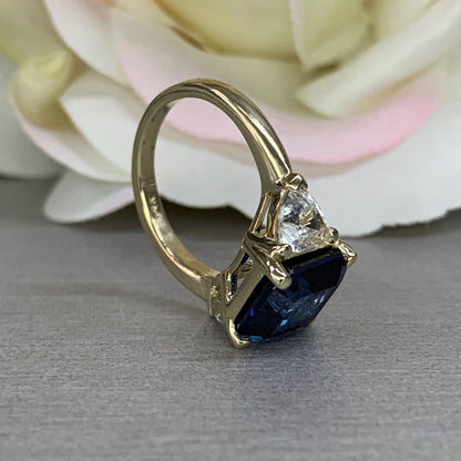 Asscher Cut Blue Sapphire Engagement Ring Solid 14k Yellow Gold, Moissanite Trillion Accents, Moissanite Ring Wedding Ring For Her