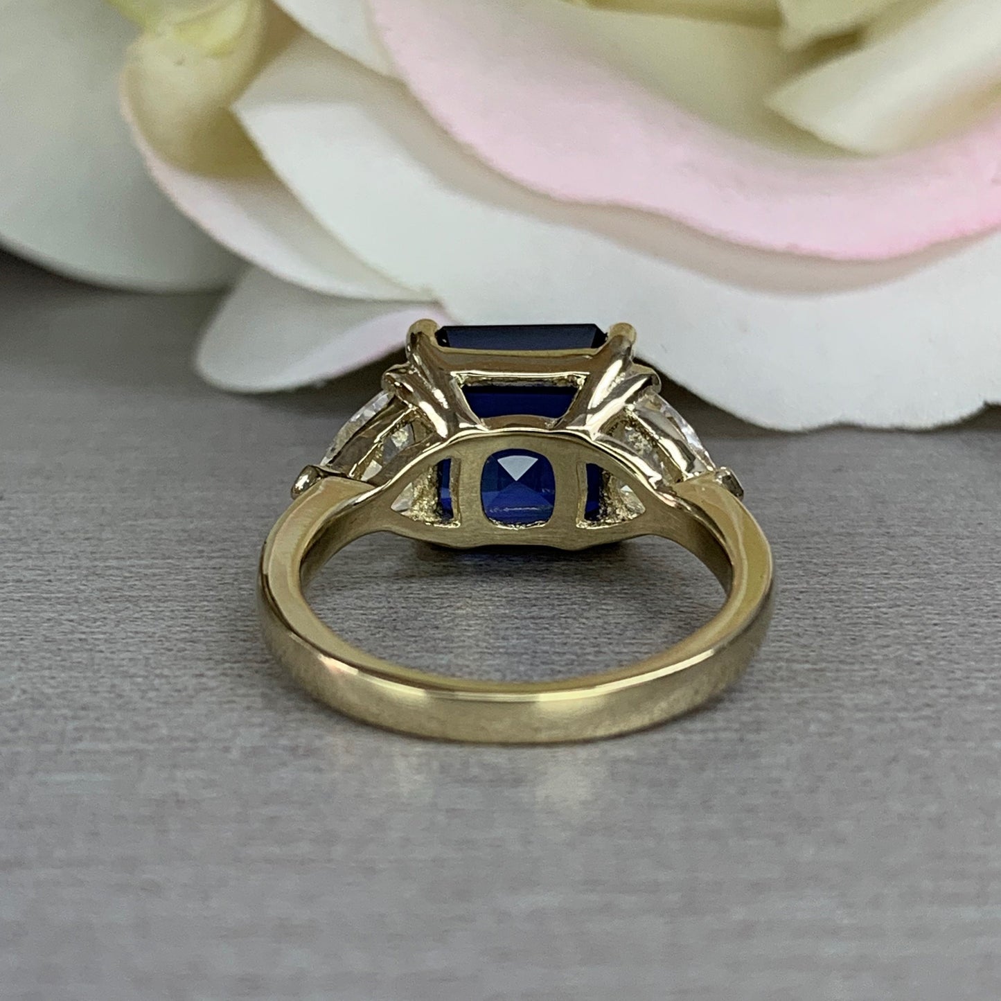 Asscher Cut Blue Sapphire Engagement Ring Solid 14k Yellow Gold, Moissanite Trillion Accents, Moissanite Ring Wedding Ring For Her