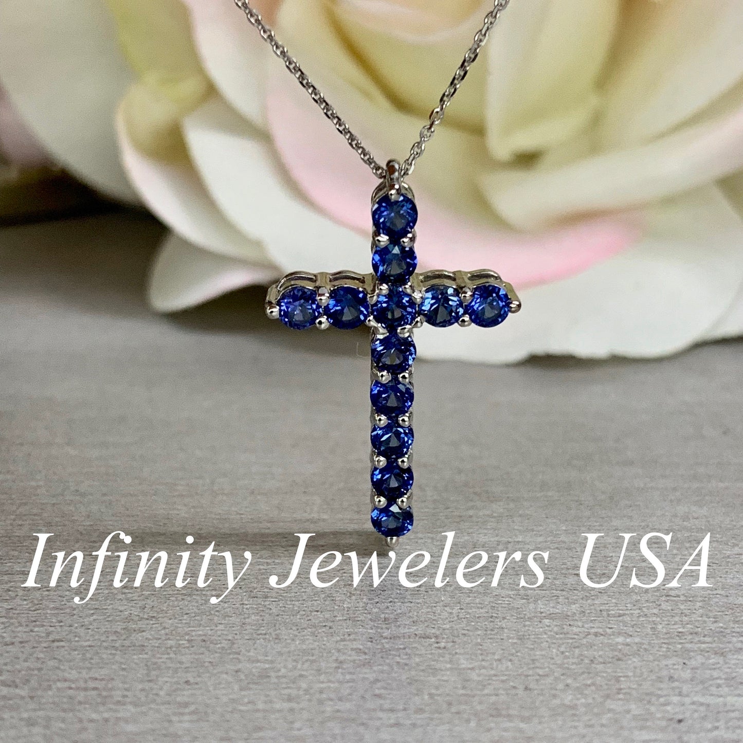 Cross Necklace / Round Blue sapphire Necklace / Pendants / 14k White Gold