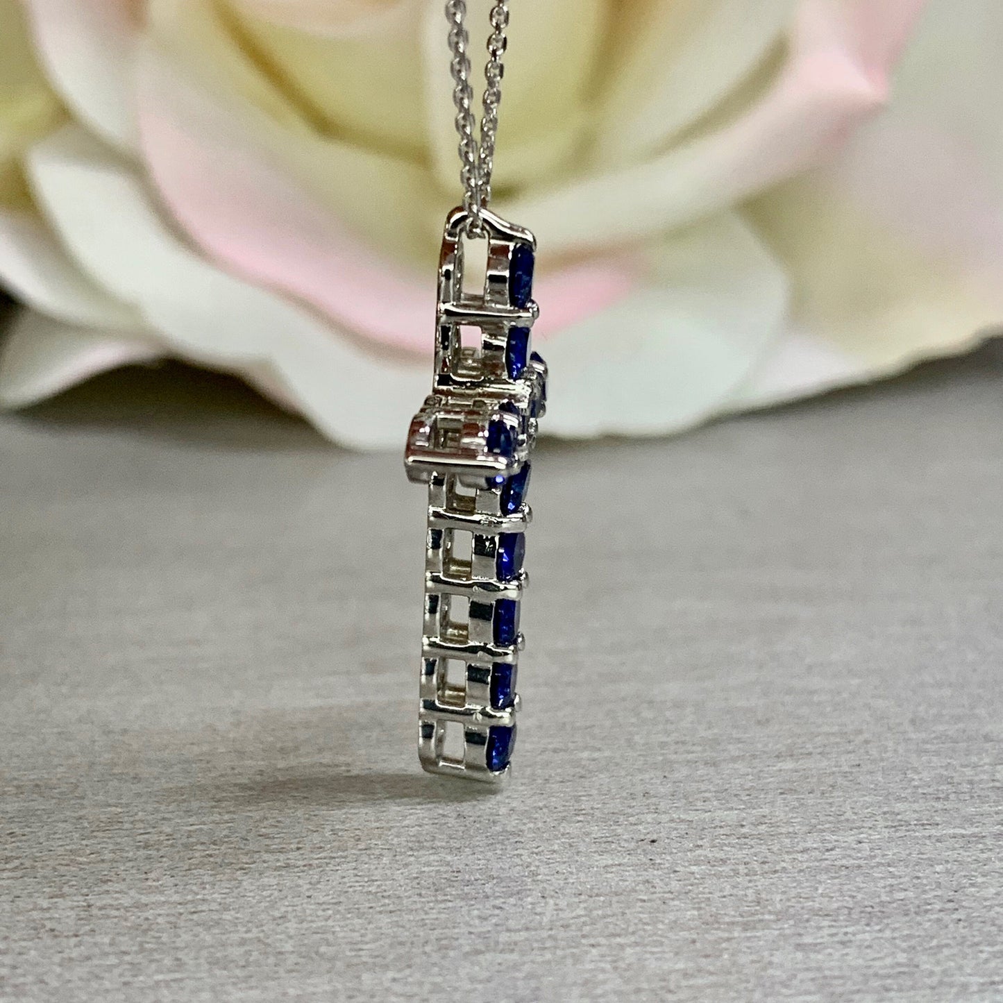 Cross Necklace / Round Blue sapphire Necklace / Pendants / 14k White Gold