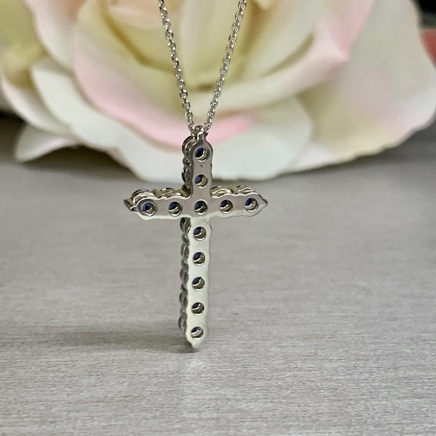 Cross Necklace / Round Blue sapphire Necklace / Pendants / 14k White Gold