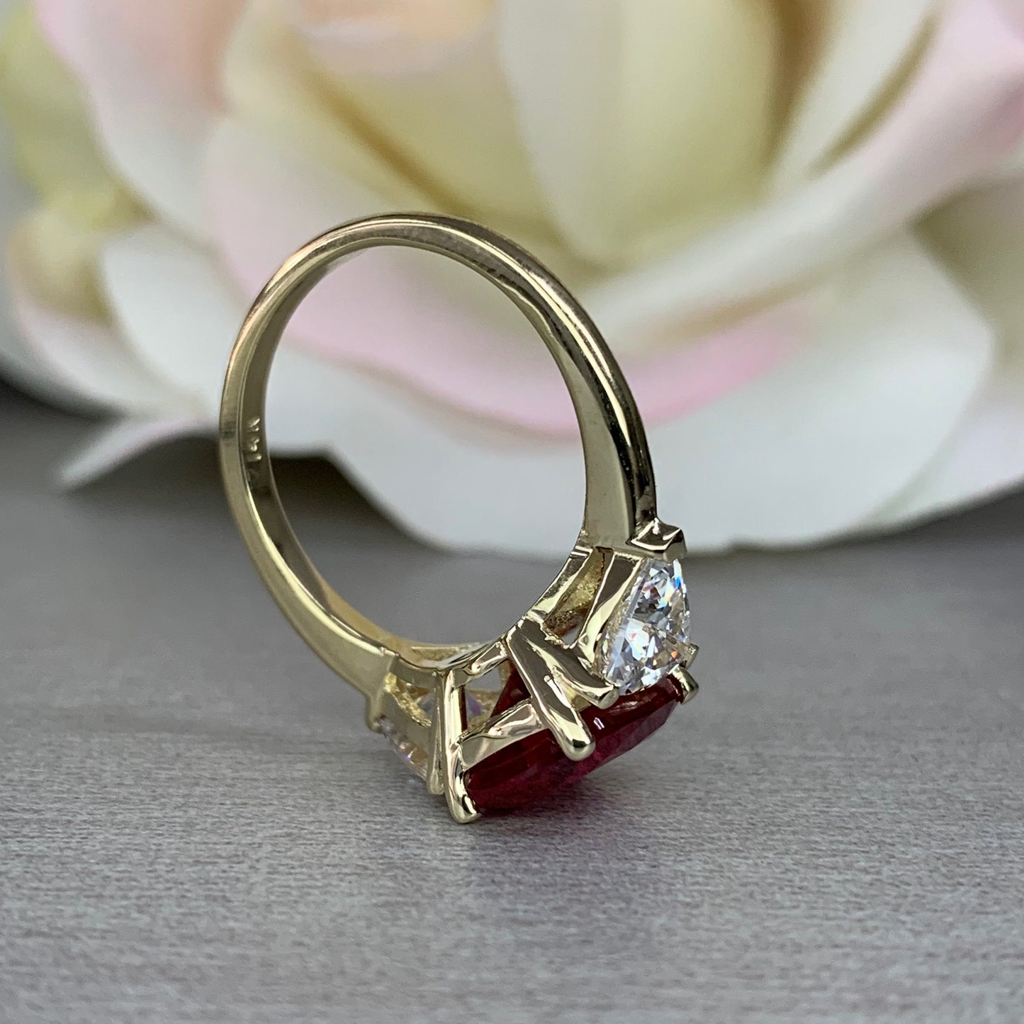 Ruby Cushion Cut And Moissanite Engagement Ring, Three Stone Ruby And Moissanite Ring, 14k Gold Elongated Cushion Cut Ruby Ring   #6853