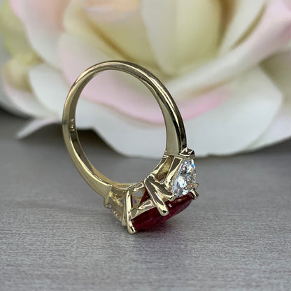 Ruby Cushion Cut And Moissanite Engagement Ring, Three Stone Ruby And Moissanite Ring, 14k Gold Elongated Cushion Cut Ruby Ring   #6853