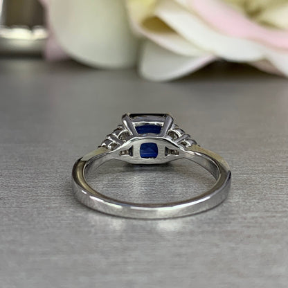 Asscher cut blue sapphire engagement ring, with Moissanite round accents, 2.00ctw 14k white gold