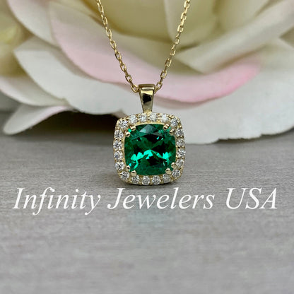 Cushion Cut Green Emerald Pendant Necklace For Ladies, Emerald Pendant With Moissanite Halo, 14k Gold Emerald And Moissanite Necklace  #6301