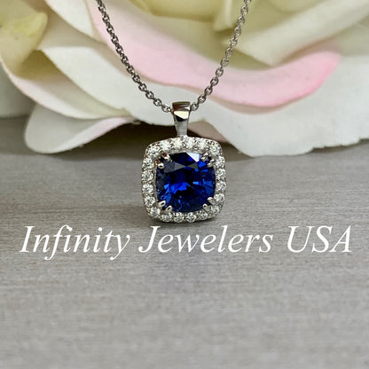 Cushion Cut Necklace / Blue Sapphire Necklace / Diamond Halo Necklace / Moissanite Necklace / 18"Cable Chain / 14k White gold / #6302