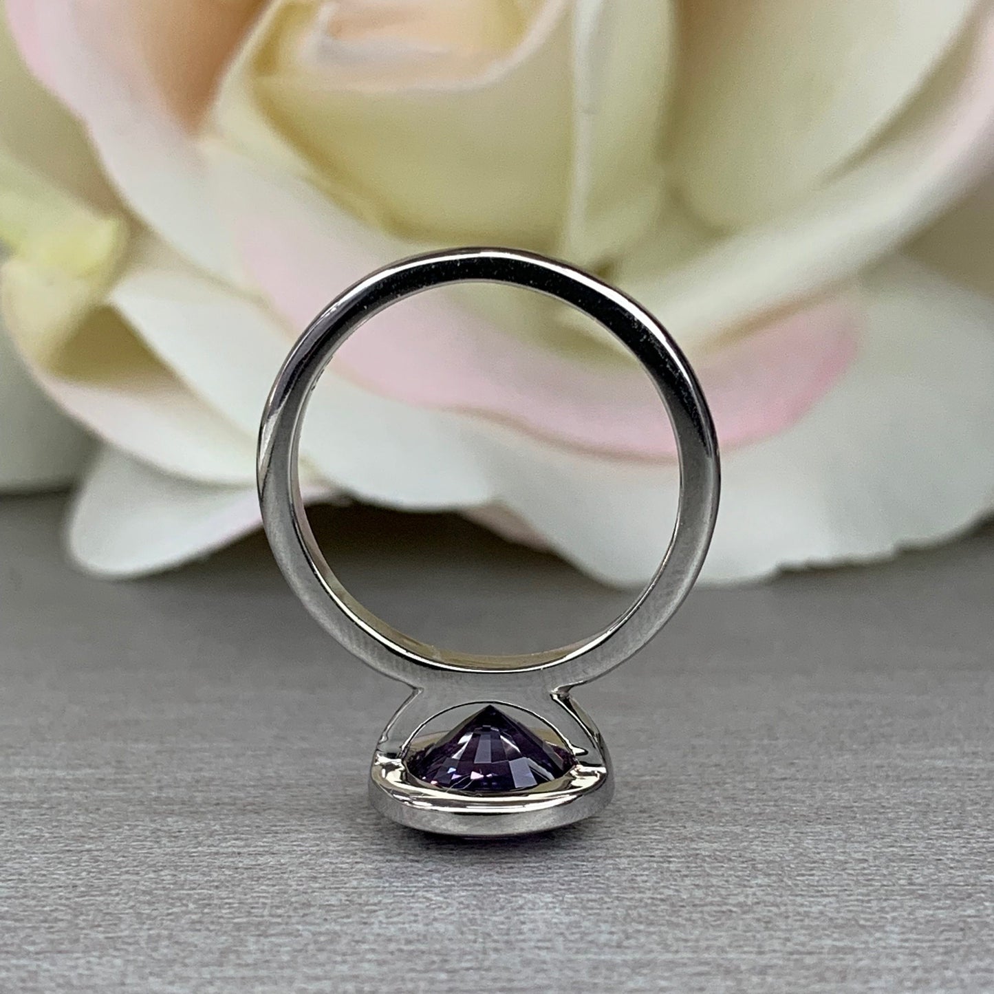 Alexandrite ring 14k white gold, June birthstone ring, Bezel set alexandrite engagement ring, Round alexandrite ring handmade jewelry