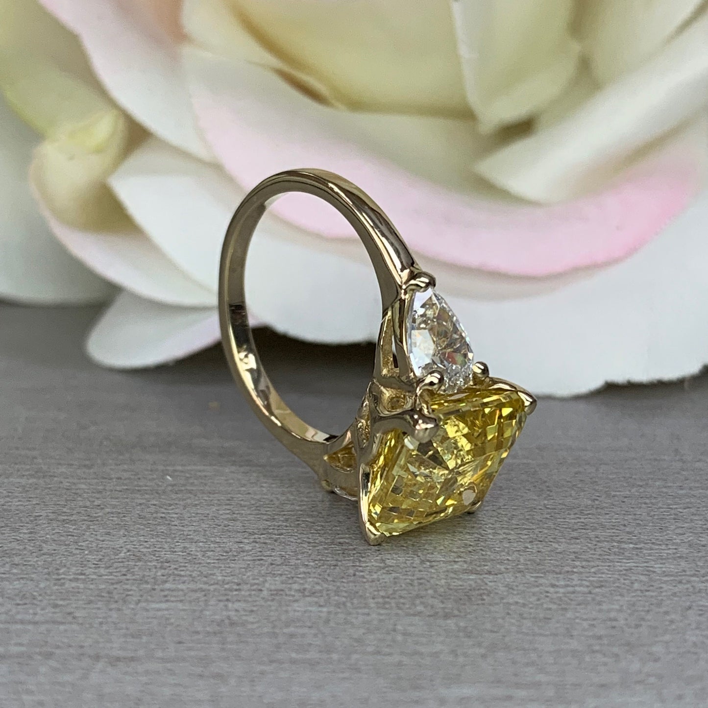 Yellow Asscher Cut Engagement Ring Pear Shape Accents Solid Gold , Three Stone Yellow Stone Wedding Ring , Canary Yellow Anniversary  #5187