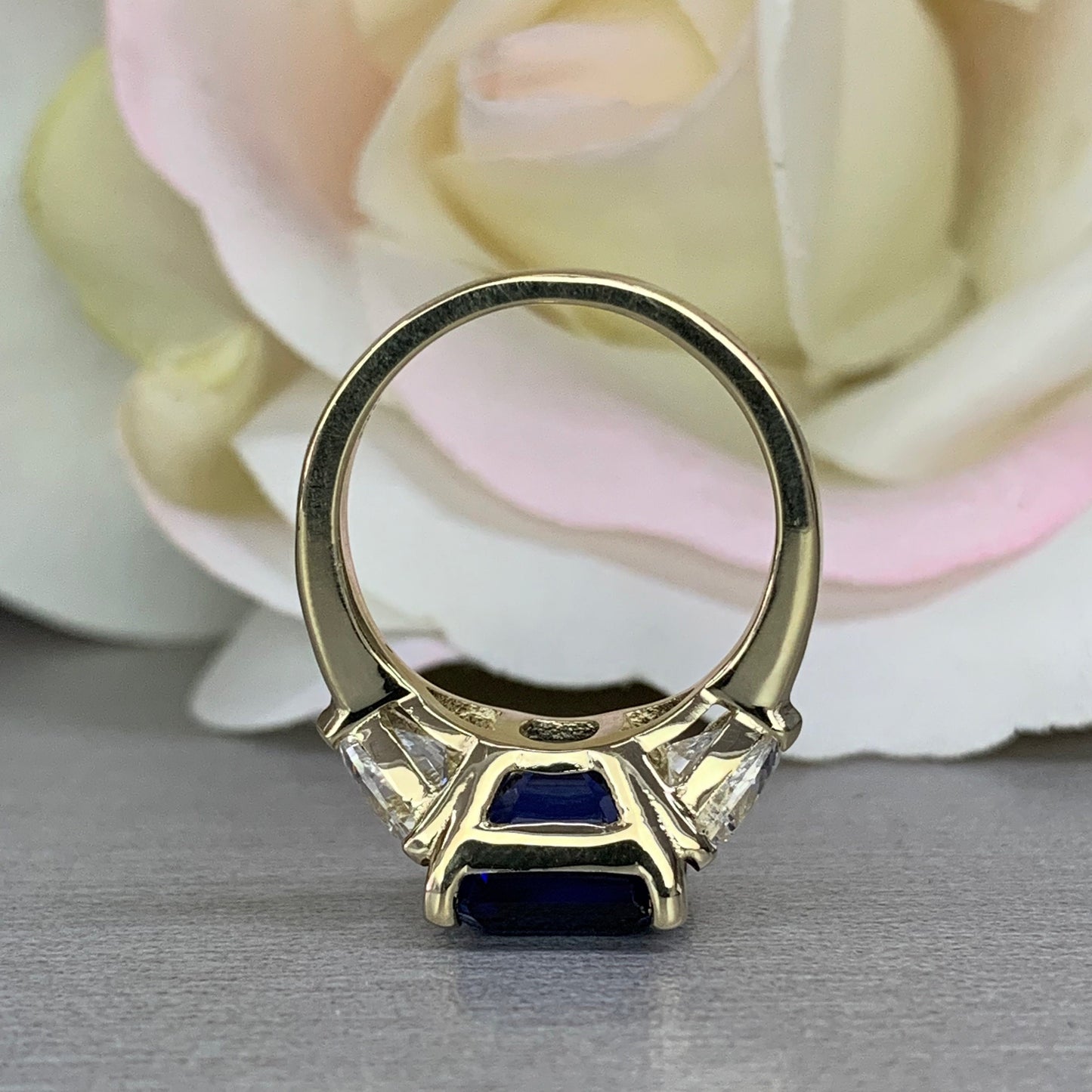 Asscher Cut Blue Sapphire Engagement Ring Solid 14k Yellow Gold, Moissanite Trillion Accents, Moissanite Ring Wedding Ring For Her