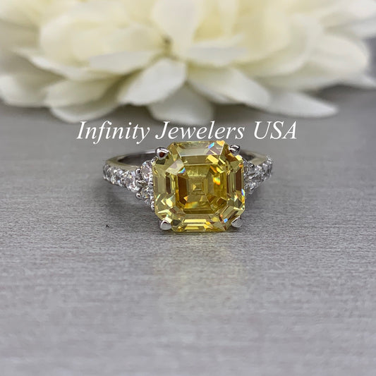 Yellow Asscher Engagement Ring / Asscher Cut Ring / Ladies Ring / 5.00ctw Promise Ring / 14K White Gold / #5547