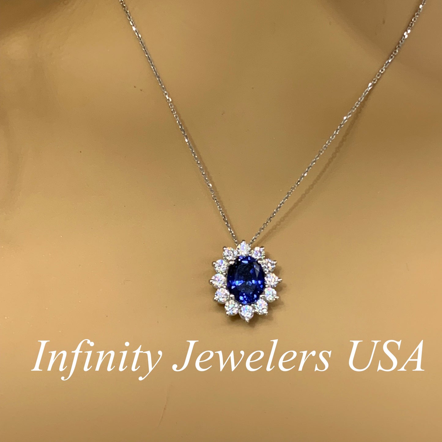 Moissanite Necklace 14K White Gold, Oval Blue Sapphire Pendant with Moissanite Halo Necklace, Simple Blue Halo Necklace For Ladies, #6541