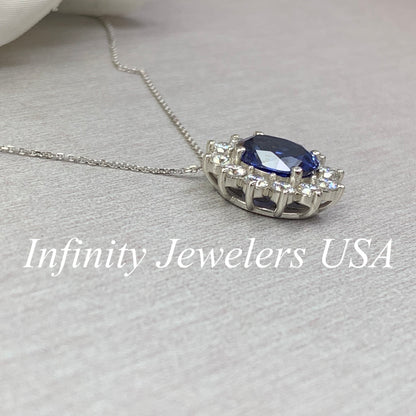 Moissanite Necklace 14K White Gold, Oval Blue Sapphire Pendant with Moissanite Halo Necklace, Simple Blue Halo Necklace For Ladies, #6541