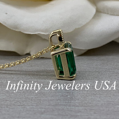 Solitaire Emerald Pendant Necklace, Ladies Emerald Cut Emerald And Diamond Pendant Necklace, 14k Yellow May Birthstone Necklace For Her 6648