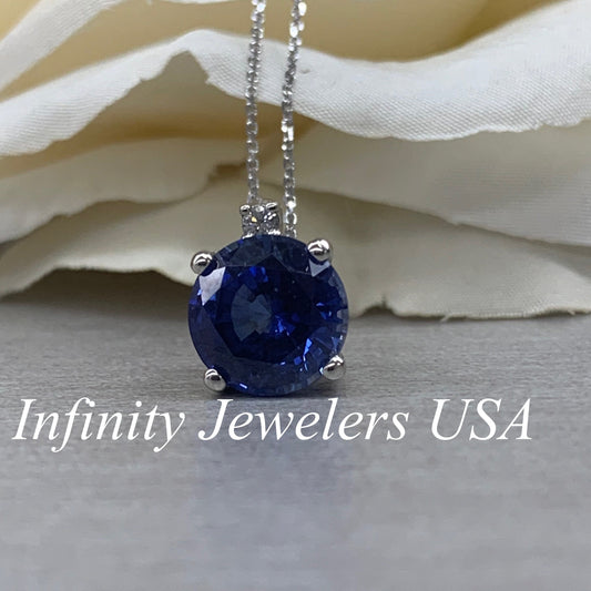 Sapphire Pendant Necklace, Ladies Pendant, September Birthstone Necklace, Round Diamond Pendant, Wedding Gift, Infinity Jewelers USA #6674