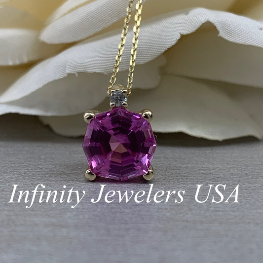 Pink Sapphire Pendant Necklace For Ladies,  Unique Octagon Pink Sapphire Pendant Necklace, Dainty Pendant Necklace Anniversary Gift    #6673