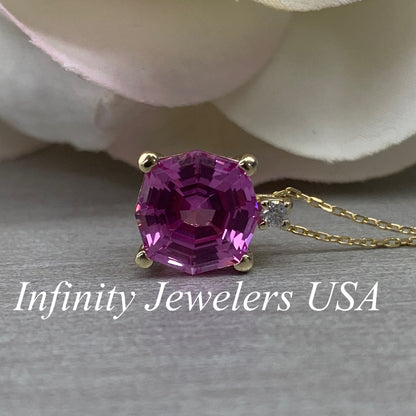 Pink Sapphire Pendant Necklace For Ladies,  Unique Octagon Pink Sapphire Pendant Necklace, Dainty Pendant Necklace Anniversary Gift    #6673