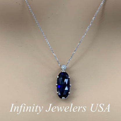 Elongated Oval Shaped Blue Sapphire Pendant Necklace 14K Solid Gold For Ladies, Rose Cut Blue Sapphire Pendant with Chain Mothers Day, #6754