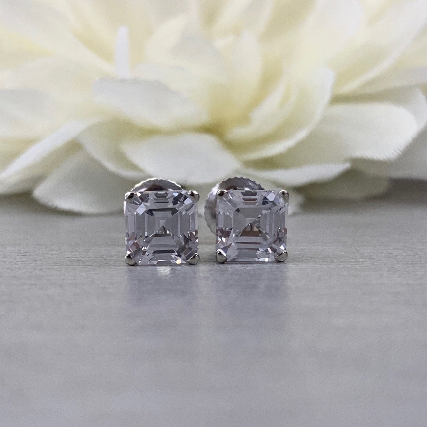 Moissanite Asscher Studs, White Sapphire Earrings, Asscher Cut Earrings, 2.00ctw. Studs, Screw Back Earrings, 14K White Gold Studs, #5019