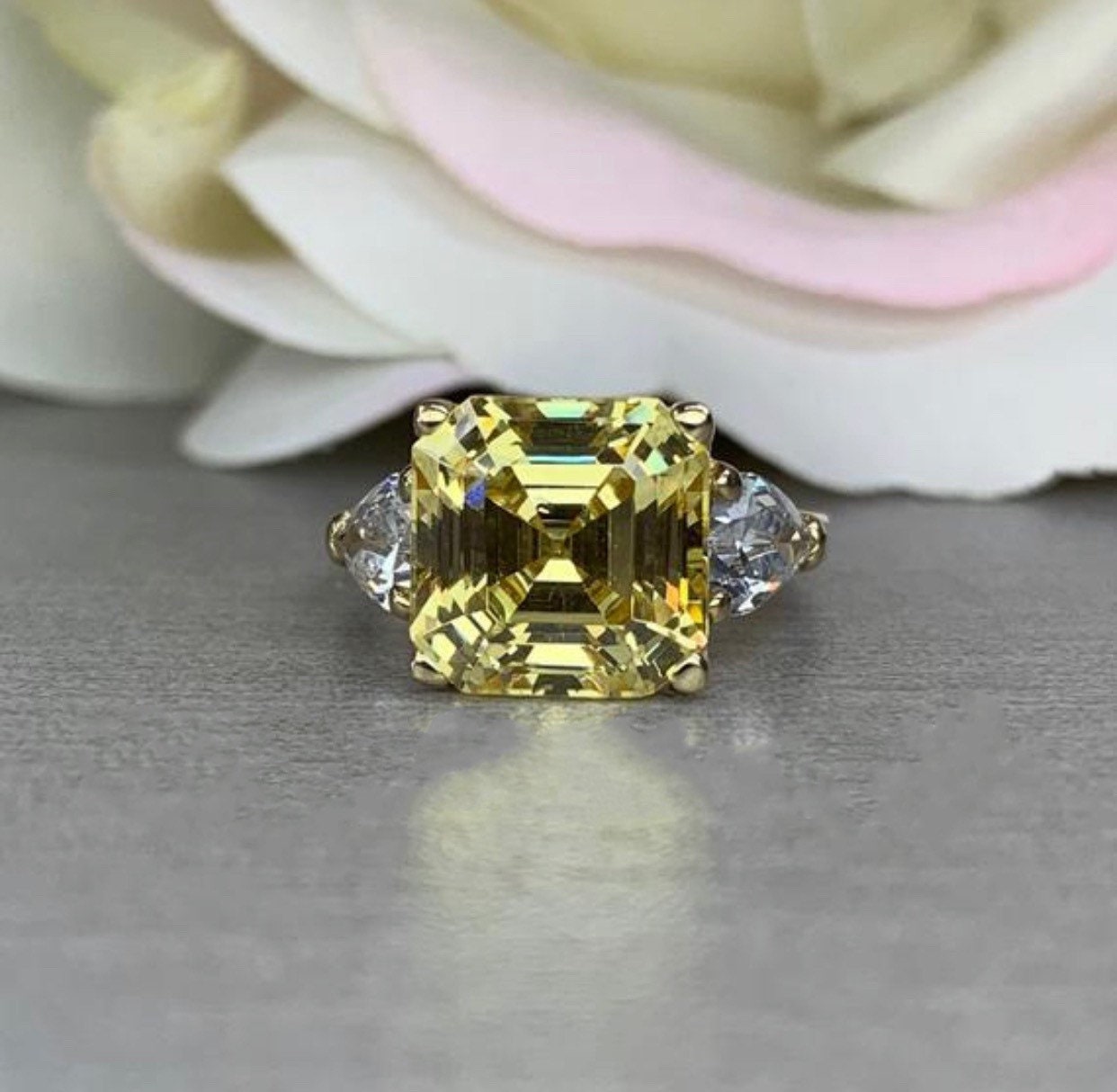 Yellow Asscher Cut Engagement Ring Pear Shape Accents Solid Gold , Three Stone Yellow Stone Wedding Ring , Canary Yellow Anniversary  #5187