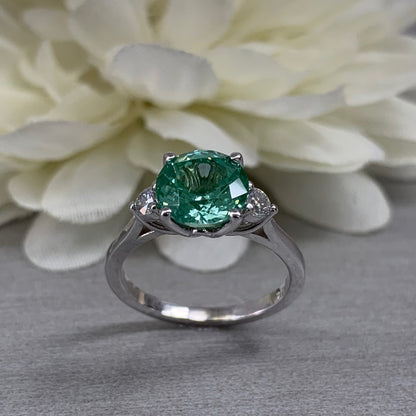 Paraiba Tourmaline Ring Three Stone Engagement Ring 14k White Gold, Round Paraiba Ladies Engagement Ring, Paraiba and Moissanite Ring, #6723