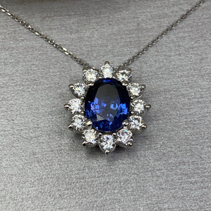 Moissanite Necklace 14K White Gold, Oval Blue Sapphire Pendant with Moissanite Halo Necklace, Simple Blue Halo Necklace For Ladies, #6541