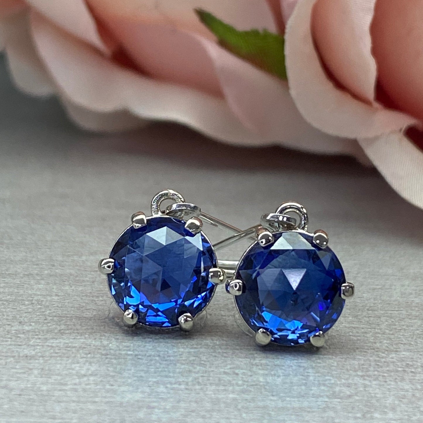 Sapphire Round Drop Earrings, Rose Cut Blue Sapphire Dangle Earrings, September Birthstone, 14K White Gold Leaver Backs #6774