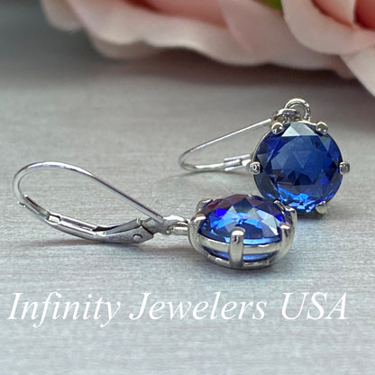 Sapphire Round Drop Earrings, Rose Cut Blue Sapphire Dangle Earrings, September Birthstone, 14K White Gold Leaver Backs #6774