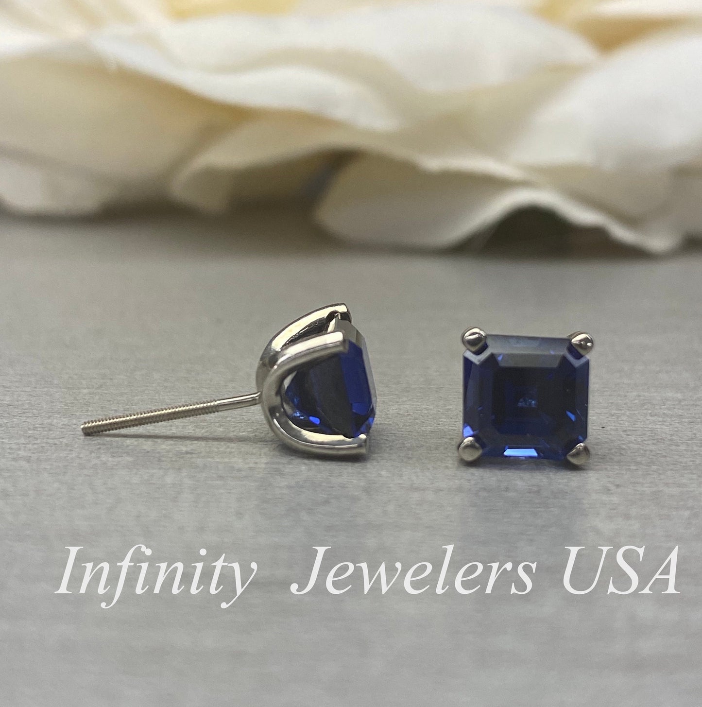 Blue Sapphire Earrings Sapphire Stud Earrings 14k White Gold, September Birthstone Earrings, Asscher Cut Sapphire Stud Earrings, Studs,#6155