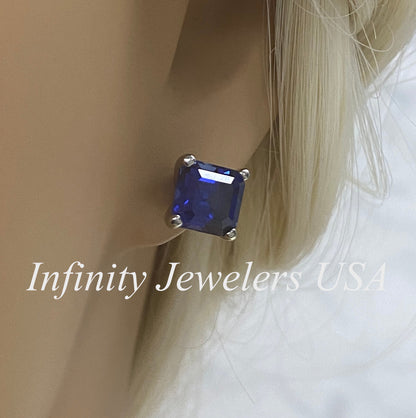 Blue Sapphire Earrings Sapphire Stud Earrings 14k White Gold, September Birthstone Earrings, Asscher Cut Sapphire Stud Earrings, Studs,#6155